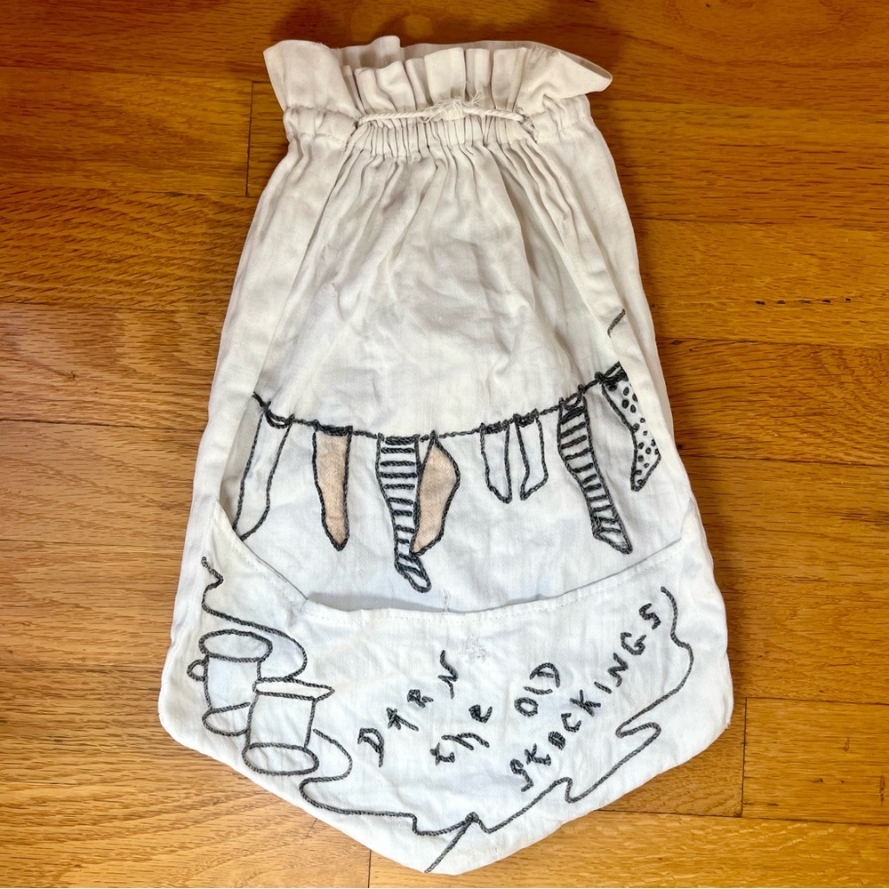 Antique Embroidered Darning Stocking Bag Drawstring Handmade Vintage Cottagecore
